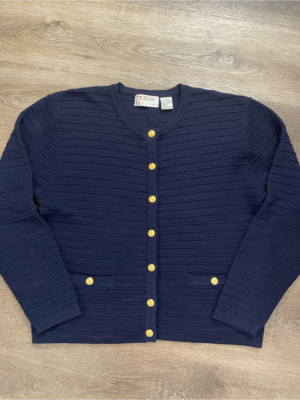Vintage Talbots Navy Merino Wool Cardigan Gold Buttons Ribbed M Petites Blue